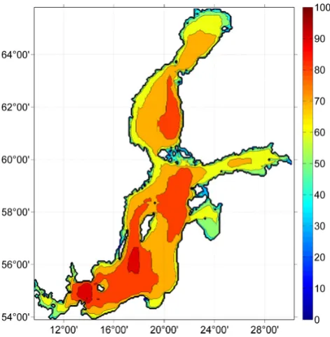 Fig. 2.Numerically simulated average signiﬁcant wave height(colour bar, cm; isolines plotted after each 10 cm) in the Baltic Seain 1970–2007 (from R¨a¨amet and Soomere, 2010).