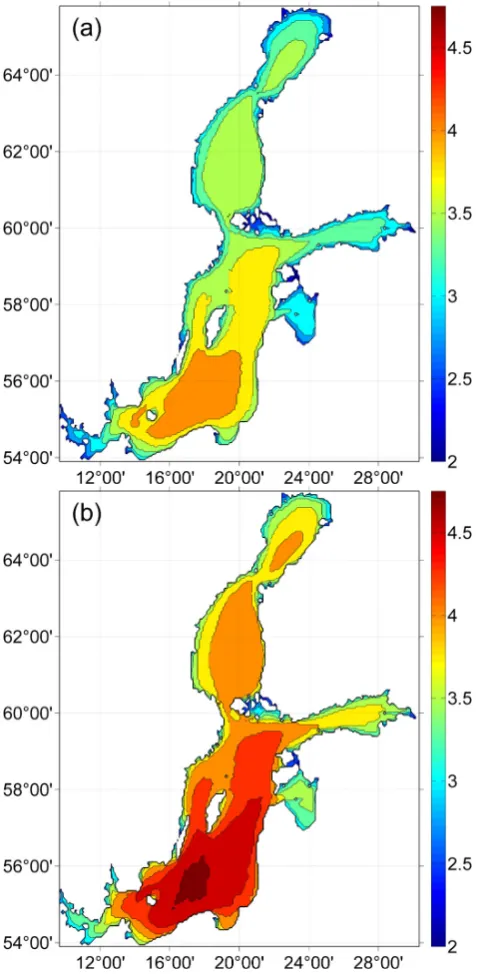 Fig. 3.Numerically simulated mean (a) and peak (b) periods (s;isolines plotted after each 0.5 s) in the Baltic Sea in 1970–2007.