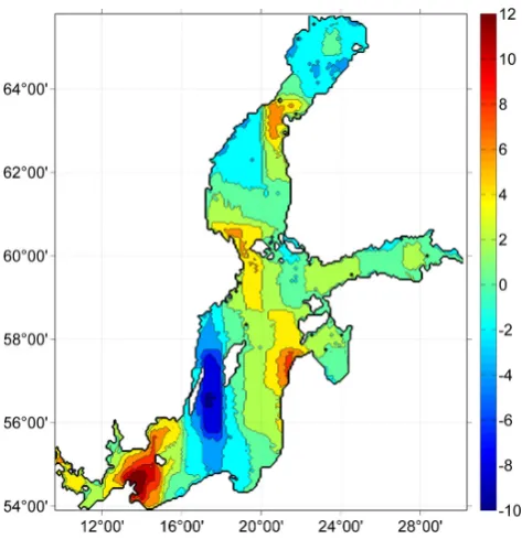 Fig. 4. Long-term changes in the annual average signiﬁcant waveheight (cm, based on the linear trend, isolines plotted after each2 cm) for 1970–2007.