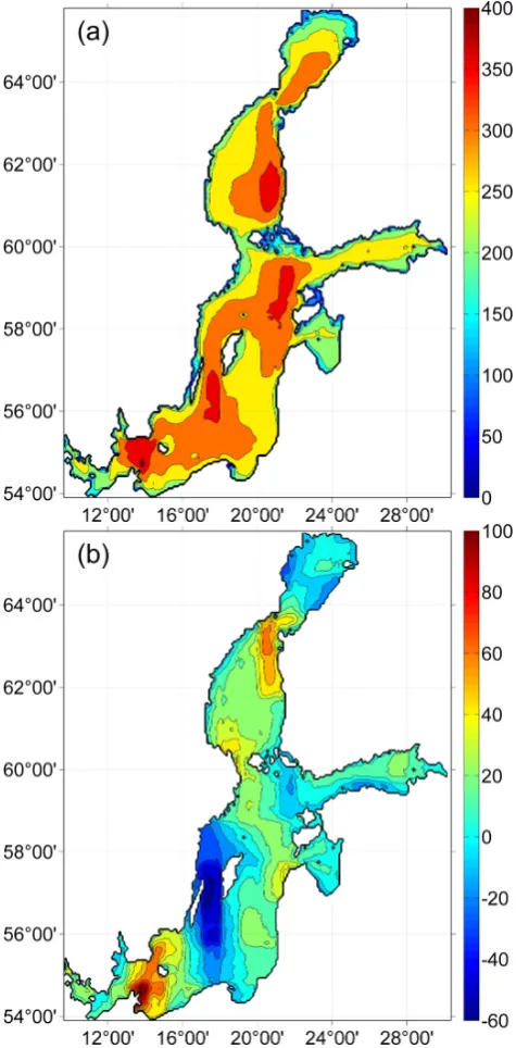 Fig. 6.(a)change according to the linear trend in the Baltic Sea in 1970–2007 Numerically simulated 99th percentile of signiﬁcantwave height (cm; isolines plotted after each 50 cm) and (b) its(cm; isolines plotted after each 10 cm).