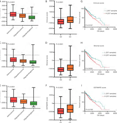 Figure 1 Immune scores and stromal scores are associated with LGG sub-types, tumour grade and survival outcome
