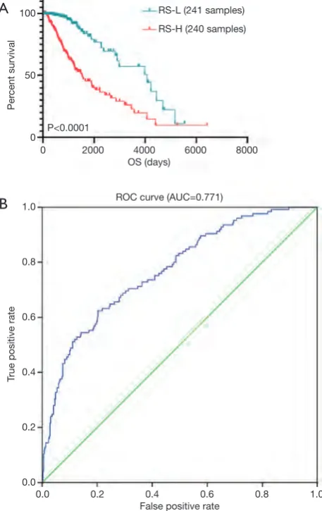 Figure 4 Prognostic value of RS. M curve was constructed and the result demonstrated that patients with higher RS was associated with worse overall survival than who with lower RS (P<0.0001, A)