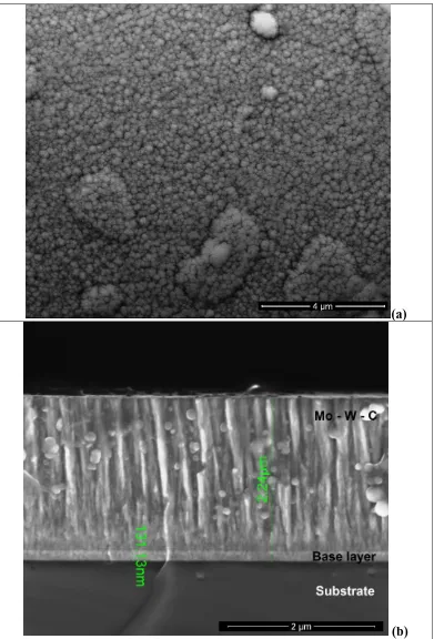Figure 1: (a) Surface morphology and (b) cross-sectional SEM image of as-deposited 