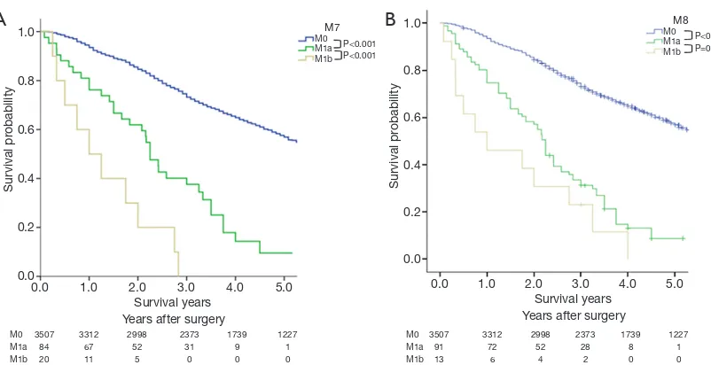 Figure 5 Survival curves based on M classification in line with the 7th (A) and 8th (B) editions