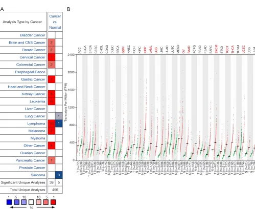 Figure 1 GPX1 expression levels in different human cancers. (A) Increased or decreased GPX1 in data sets of different cancers compared with normal tissues in the Oncomine database; (B) GPX1 expression profile across all tumor samples and paired normal tiss