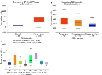 Figure 5 Box plot showing GPX1 expression levels in tumors based on sample types, histological subtypes, and French American British classification via UALCAN database (P<0.05)