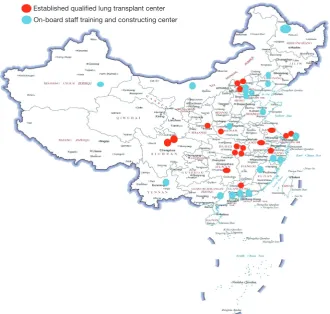 Figure 5 Distribution model of qualified lung transplantation centers registered in China (red) and the emerging teams trained by the Wuxi or Beijing teams (blue)