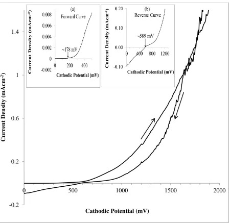 Fig. 3. A typical cyclic voltammogram of electrolyte containing 0.003M of SeO2 aqueous solution (pH = 2.20 ± 
