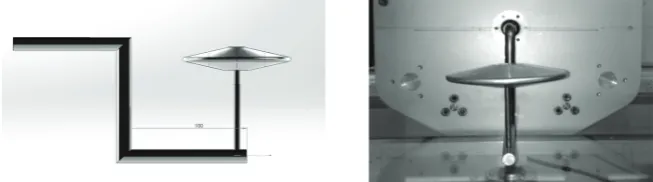 Fig. 3. Set up of the discus and mounting in the wind tunnel (left) CAD model (right) installed in the working section