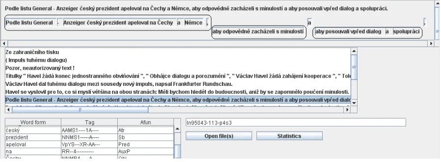 Figure 3: SegView editor: The segmentation chart for sentence ‘According to the General-Anzeiger,Czech president appealed to Czechs and Germans that they should treat their history responsibly andimprove their mutual dialogue and cooperation.’ (clauses marked by ellipses).