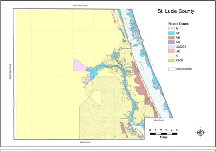 Figure 4.2 delineates storm surges zones for Category 1, Category 3 and Category 5 storms