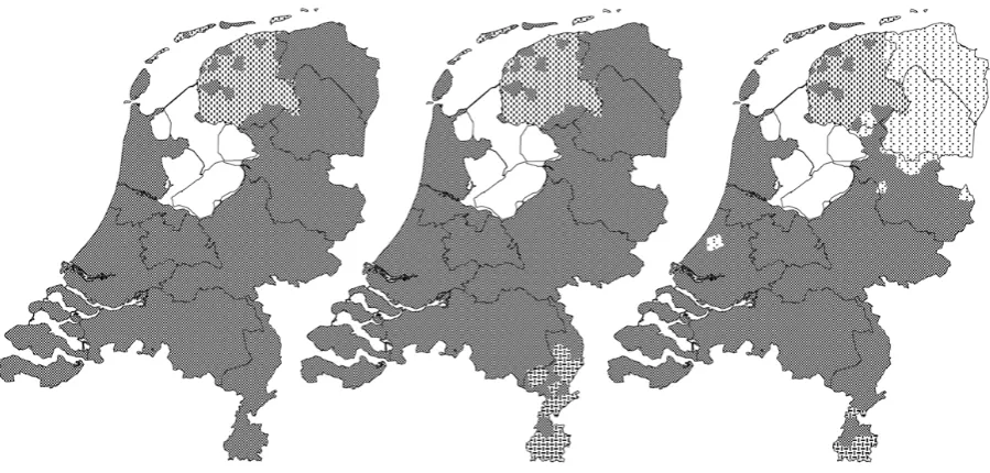 Figure 3: Clustering of varieties in 2 clusters (left), 3 clusters (middle) and 4 clusters (right)