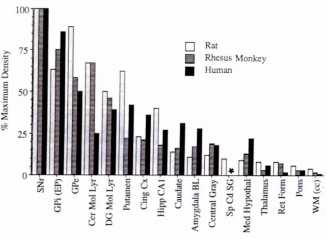 Figure 1.2. A graph reproduced from Herkenham et al (1990), displaying the varying density of CB1 receptors in different brain regions