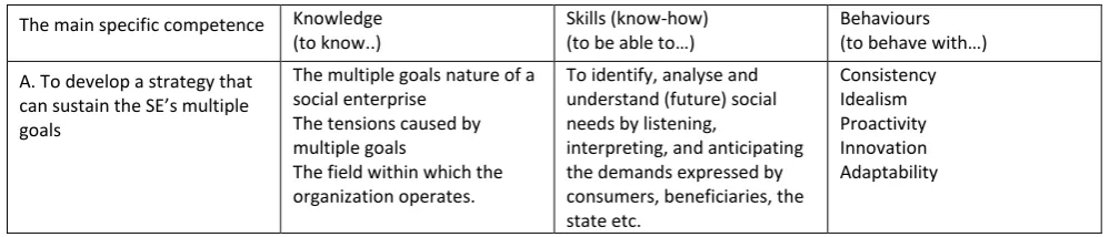 Table 1 – Social enterprise competencies framework (example) 
