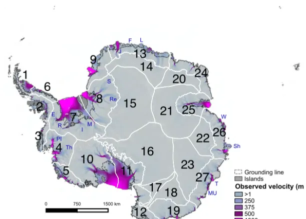 Figure 1. Observed surface velocity (m yr−1) in Antarctica, with geographic partitions in white, labeled with their corresponding numericalvalue (1–27)