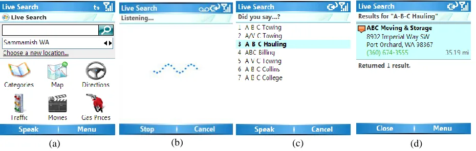 Figure 1. Windows Live Search for Mobile. (a) initial screen; (b) user is speaking a request; (c) n-best list is presented; (d) final search results are displayed 