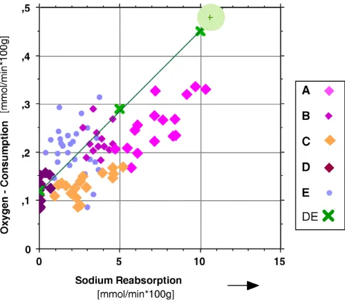 Figure 2the control group CON of living pigs (green shadowed area) and for in vivo measurements DE (modified from: [50])Oxygen consumption O2 cons versus fractional sodium reabsorption RFNa for isolated kidney experimental groups A – E, for Oxygen consumption Ocons versus fractional sodium reabsorption RFfor isolated kidney experimental groups A – E, for 