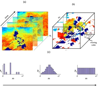 Fig. 1. Schematic of the spatio-temporal complexity analysis:Spatiotemporal complexity, STC (a) The series of raster-based sea surface temperature (SST) images are stackedinto a 3-D space-time matrix