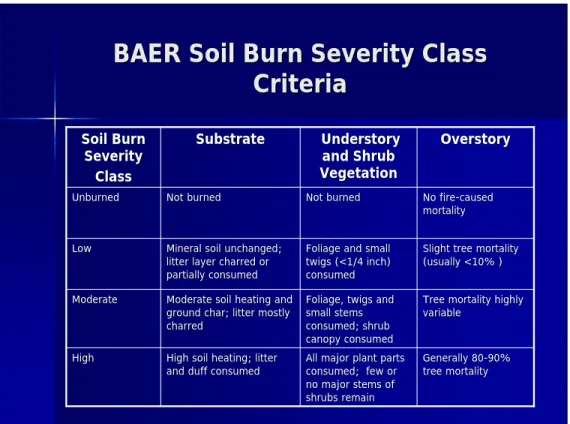 Table shows criteria used to assign areas to soil burn severity classes and  predicted impact on vegetation.