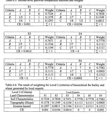 Table 6.5: Second-level pairwise comparison matrices and weights