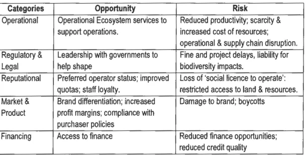 Table  2.1 .  Major  drivers  of  environmental  opportunities  and  risks  for  companies  (Rainey  et al.,  2014:2)