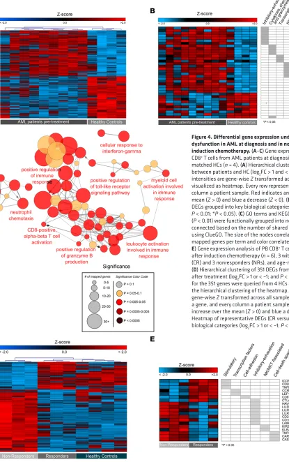 Figure 4. Differential gene expression underscoring CD8+matched HCs (between patients and HC (logdysfunction in AML at diagnosis and in nonresponders following induction chemotherapy
