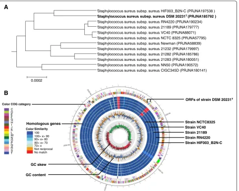Figure 2 Genomic relationship of strain DSM 20231T and related S. aureus strains. (A) Genome tree based on ANI values