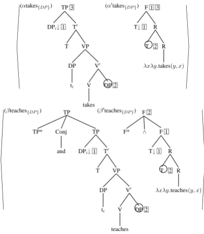 Figure 14: Elementary trees for A student takesand a professor teaches every course