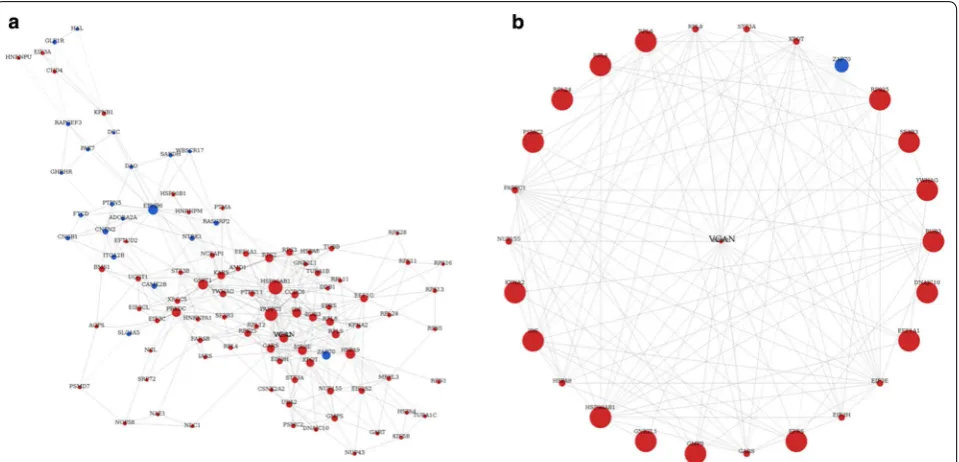 Fig. 3 mRNA-mRNA co-expression network. a The differential genes were selected as candidate genes as function of IDC by constructing a gene co-expression network with k-core algorithm
