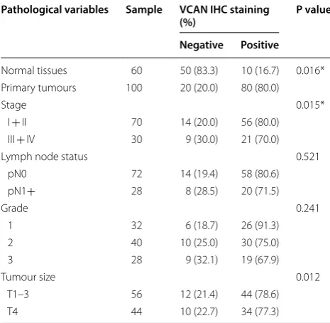 Fig. 5 Expression of VCAN in colon cancer patient specimens. a Expression of VCAN in primary colon cancer and matched normal tissue (×100 or ×400)