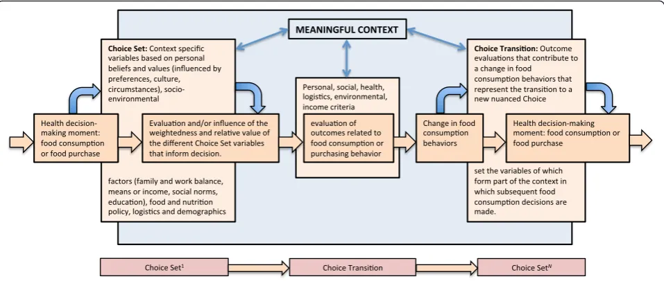 Fig. 1 Choice set/choice transition conceptual diagram. The figure shows the relationship of the context-specific variables to food consumptiondecisions, and subsequent transitions in food consumption behavior based on an evaluation of outcomes that redefine the set ofrelative variables