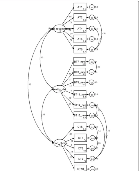 Fig. 4 Standardized estimated factor items loading, error-variances and covariance for nutritional attitude 3 factors, 16 items