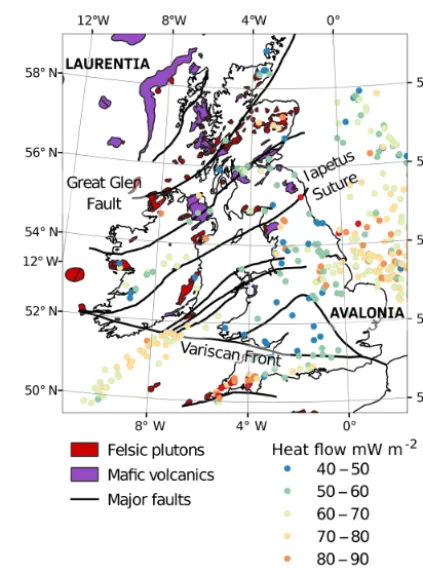 Figure 1. Igneous outcrop and major geological structures acrossthe British Isles. Surface heat ﬂow data are compiled from Matheret al