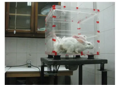 Figure 1 Plexiglas exposure chamber inserted on a vibratingplatform. The vibrating system consisted of mass, stiffness (springand shock absorbers), and damping, with a total mass of 45kilograms.
