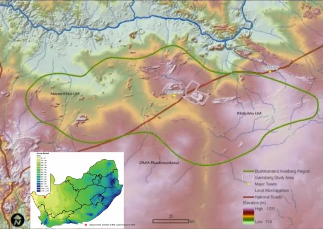 Figure 1. Gamsberg StudyArea Within Bushmanland Inselberg Region, Showing Orange River  (Desmet et al 2005) 