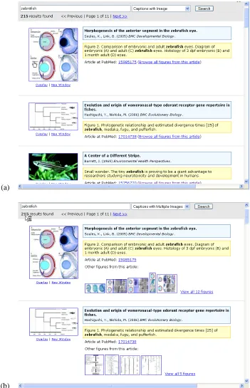 Figure 1: Search results on a query of zebraﬁsh over the captions within the articles with (a) CF view, and(b) CFT view