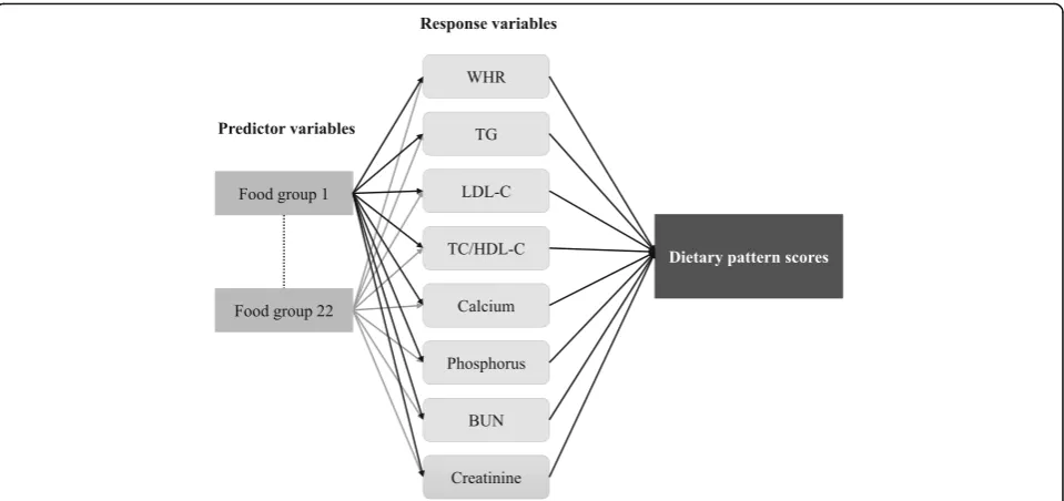 Fig. 1 The dietary pattern derived from the reduced rank regression model. WHR waist-to-hip ratio, TG triglycerides, LDL-C low densitylipoprotein-cholesterol, TC/HDL-C total cholesterol-to-high density lipoprotein-cholesterol ratio, BUN blood urea nitrogen