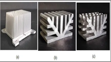 Fig. 2: Working models of (a) Array of rectangular fin heat sink, (b) Solid tree-shaped heat sink, (c) Array of tree-shaped heat sink 