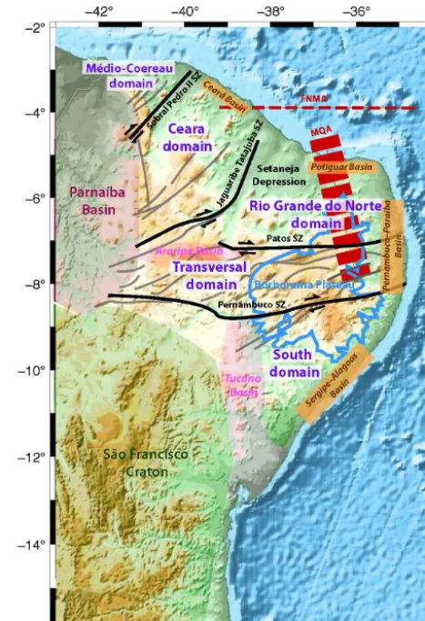 Figure 1. The main geological features of the Borborema Provincesuperimposed on a topographic map of northeastern Brazil
