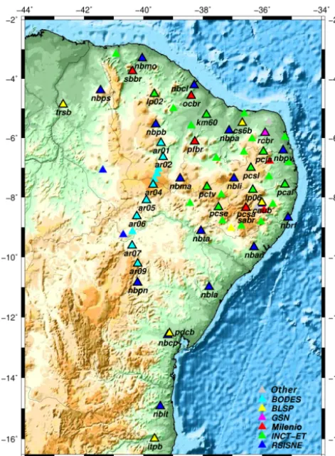 Figure 2. Topographic map of northeast Brazil with locations ofbroadband and short-period stations considered in this study