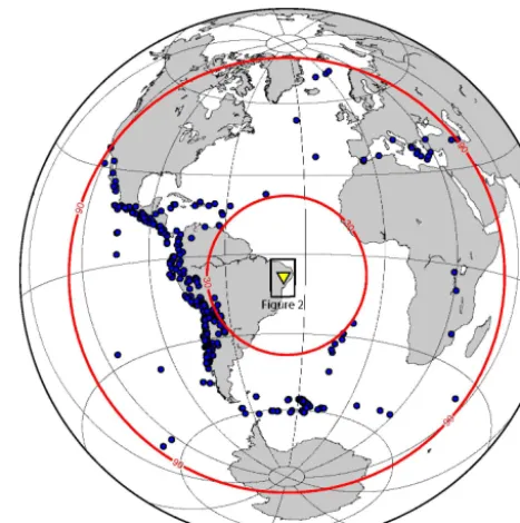 Figure 3. Location of earthquakes (blue circles) used for receiverfunction analyses, occurring at epicentral distances between 30 and90◦ (red lines) and with a magnitude of Mb ≥ 5.0