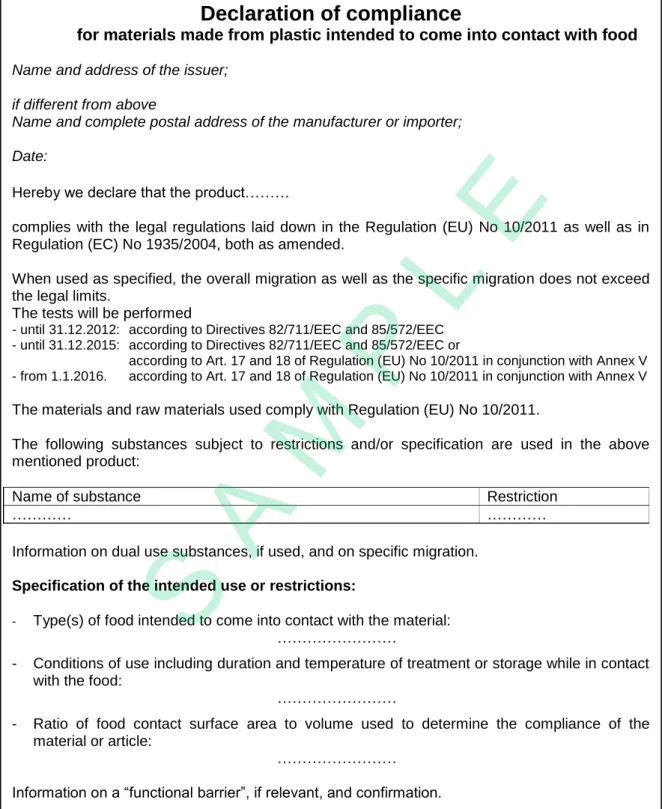 Fig.  10:  Minimum  requirements  for  a  declaration  of  compliance/standard  declaration/sample 