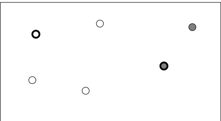 Figure 1: A sample group positioning. Each circlerepresents an agent. A thick border represents thatthe agent is talking, ﬁlled or empty shading indicatesconversation group membership.