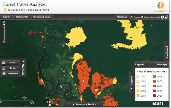 Figure  1:  Example of an indicative map of forest area loss from the World  Resources Institute's Forest Cover Analyzer 