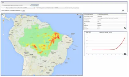 Fig. 1. Explorer for Linked Brazilian Amazon Rainforest (ELBAR). The interface con-tains four sections: A – Filters, B – Map, C – Info window, D – Graph