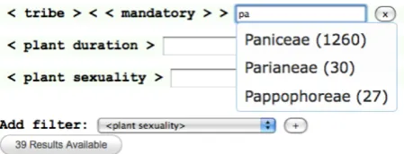 Fig. 4. Automatic suggestions guide users for providing the rightquery. Typing a few characters (here, “pa”) starts suggesting possibleﬁlter values containing these characters, along with the total numberof times they have occurred within the dataset.