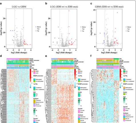 Fig. 1 Expression analysis of antisense lncRNAs in diffuse glioma. a–c Volcano plots show the expression of 420 antisense lncRNAs between LGG and GBM, LGG IDH-mut and IDH-wt, GBM IDH-mut and IDH-wt samples