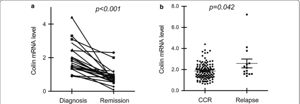 Fig. 2 The coilin mRNA levels from the bone marrow samples in different clinical subgroups of pediatric ALL