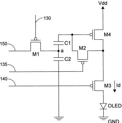 Figure 1.3: Active matrix VT compensation circuit utilizing 4 TFTs and 2 storage capac-itors [5].