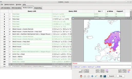 Fig. 1. The Siren interactive mining and visualization tool. The panel in the back- back-ground contains a list of redescriptions while the foreback-ground panel displays the map of a selected redescription